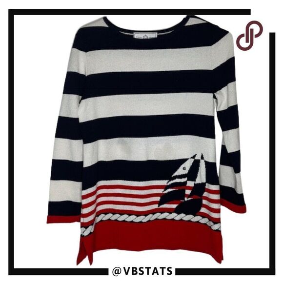 St. John Sport by Marie Gray Navy Blue White Red Striped Sailboat Small Sweater - Picture 3 of 5